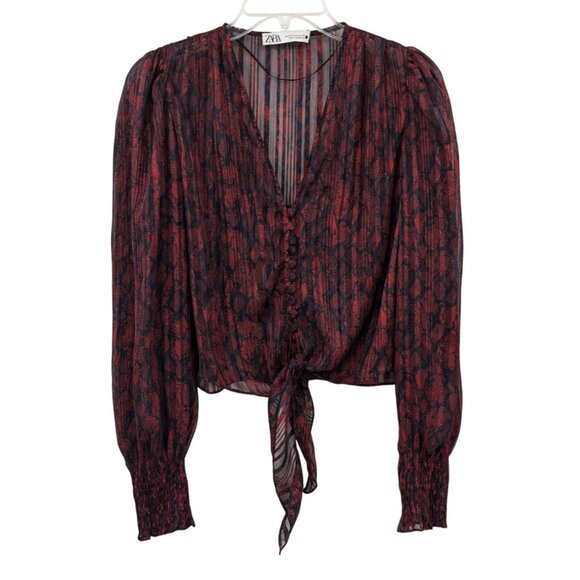 Zara Sheer Snakeskin Print Top Women Size XS Cropped Front Tie Boho Romantic Y2K - Picture 1 of 9